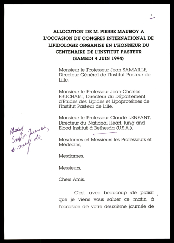 Congrès international de lipidologie pour le centenaire de l'Institut Pasteur. (Lille)