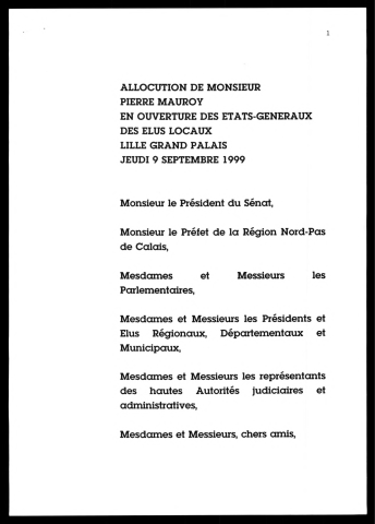 Ouverture des Etats généraux des élus locaux. (Lille)