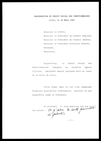 Inauguration de la nouvelle agence du Crédit social des fonctionnaires. (Lille)