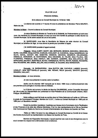 Conseil municipal du 16 février 1998.