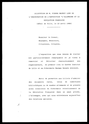 Inauguration de l'exposition L'Allemagne et la révolution française. (Lille)