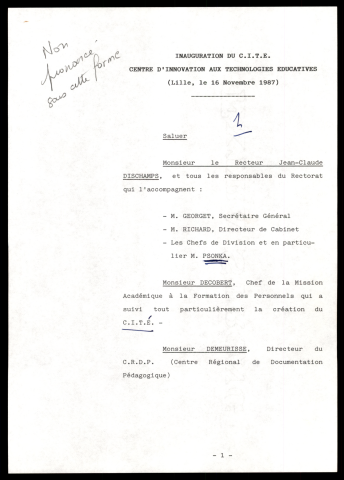 Inauguration du centre d'innovation aux technologies éducatives (CITE). (Lille)
