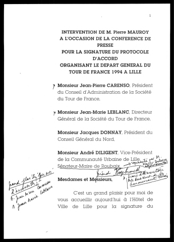 Conférence de presse pour le passage du Tour de France à Lille en juillet 1994. (Lille)