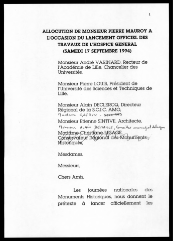 Lancement des travaux de l'Hospice Général. (Lille)