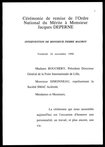 Remise de l'ordre National du Mérite à Jacques Deperne (Lille)