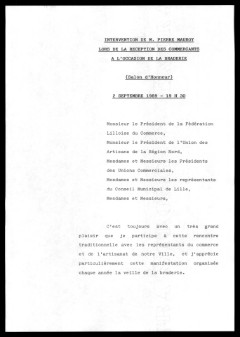 Réception des commerçants lillois à l'occasion de la braderie. (Lille)