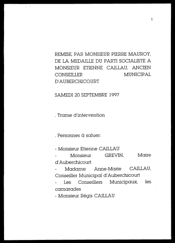 Remise de la médaille du parti socialiste à Etienne Caillau, ancien conseiller municipal d'Auberchicourt. (Lille)