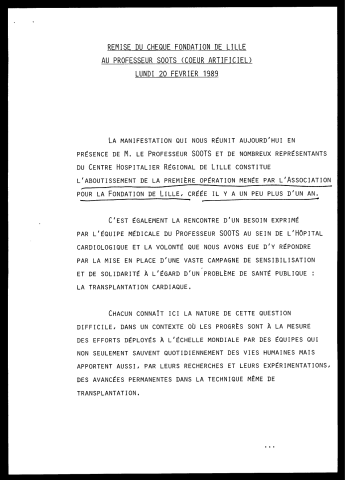 Remise du chèque Fondation de Lille au professeur Soots. (Lille)