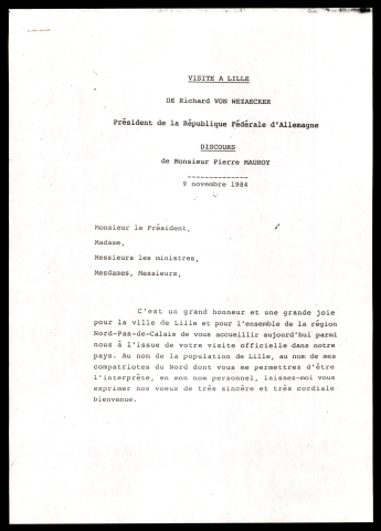 Voyage officiel de M. Von Weizsacker, Président de la République fédérale d'Allemagne (RFA). (Lille)