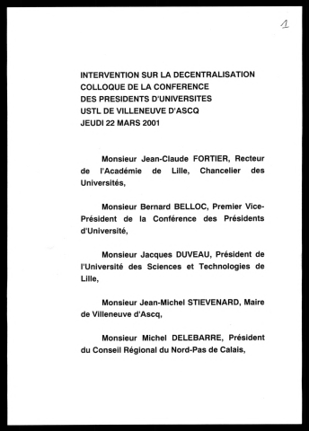 Colloque de la conférence des présidents d'université (décentralisation). (Villeneuve-D'ascq)