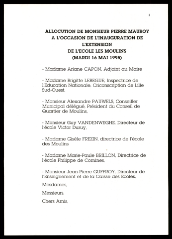 Inauguration de l'extension de l'école "Les Moulins". (Lille)