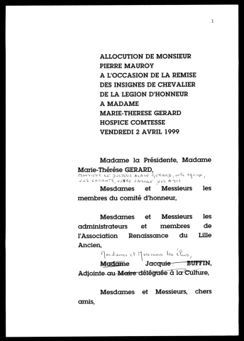 Remise des Insignes de Chevalier de la Légion d'Honneur à Marie-Thérèse Gérard (reconnaissance Lille Ancien). (Lille)