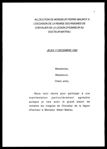 Remise de la légion d'honneur au docteur Albert Matrau. (Lille)