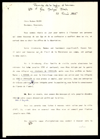 Remise de la légion d'honneur à Marlyse Bloch. (Lille)