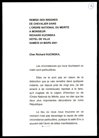 Remise des insignes de chevalier de l'Ordre National du Mérite à Richard Kucuiska. (Lille)