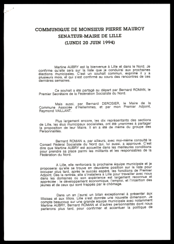 Présence de Martine Aubry sur la liste de Pierre Mauroy aux élections municipales. (Lille)
