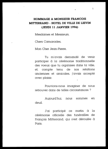 Cérémonie d'hommage à François Mitterrand. (Liévin)