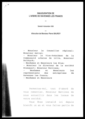 Inauguration de l'arbre de Ravennes les Francs. (Lille)