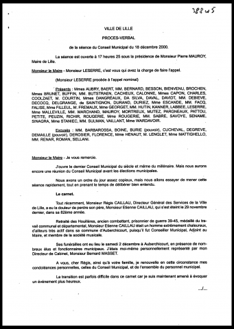 Conseil municipal du 18 décembre 2000.
