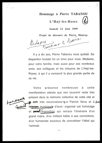 Hommage à Pierre Tabanou. (L'Haÿ les Roses)