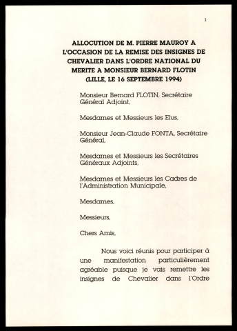 Remise des insignes de Chevalier de l'ordre national du mérite a M. Bernard Flotin. (Lille)