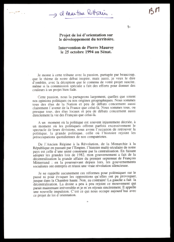 Projet de loi d'orientation sur le développement du territoire. (Paris)
