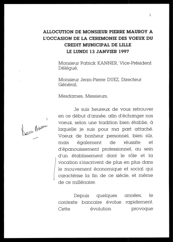 Vœux au crédit municipal de Lille. (Lille)