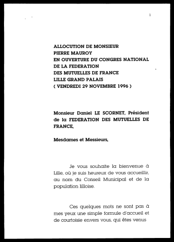 Ouverture du congrès national de la fédération des mutuelles de France. (Lille)