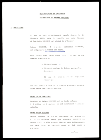 Remise de la médaille du mérite pour les noces d'or de Monsieur et Madame Derieppe. (Lille)