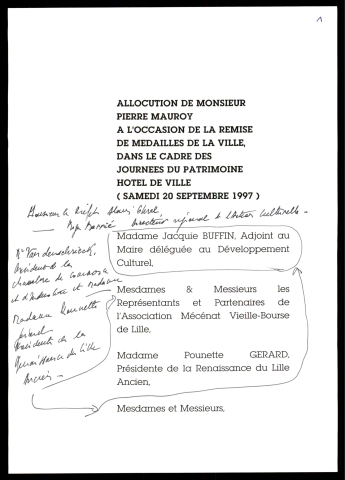 Remise de médailles de la ville dans le cadre des journées du patrimoine. (Lille)