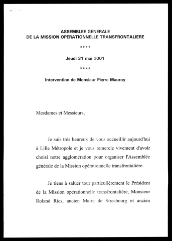 Assemblée générale de la mission opérationnelle transfrontalière. (Lille)