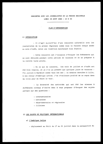 Conférence de presse pour la rentrée. (Lille)