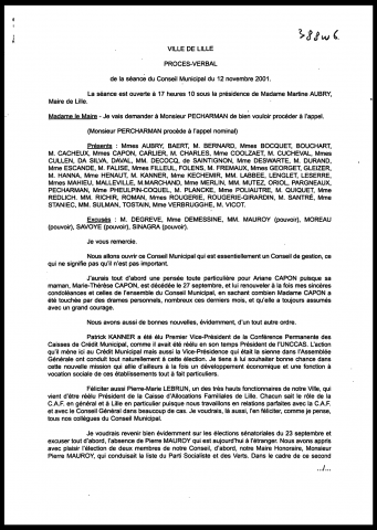 Conseil municipal du 12 novembre 2001.