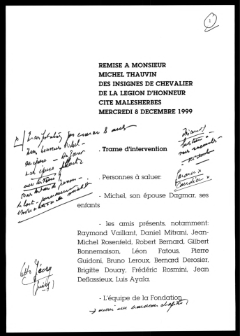 Remise à Michel Thauvin des insignes de chevalier de la légion d'honneur. (Paris)