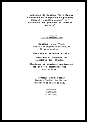 Signature du protocole d'accord Chantiers propres et Distribution des publicités et journaux gratuits. (Lille)