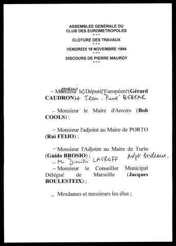 Assemblée générale du club des Eurométropoles. (Lille)