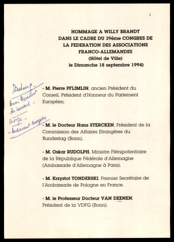 Discours et Hommage à Willy-Brandt, 39ème congrès de la Fédération des associations Franco-allemands. (Lille)