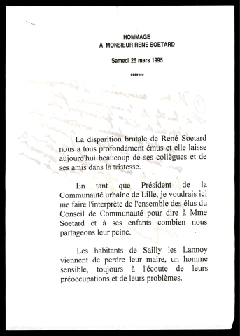 Hommage à René Soetard, maire de Sailly les Lannoy. (Lille)