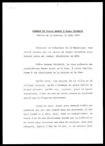 Hommage à Roger Fajardie. (La Groutte)