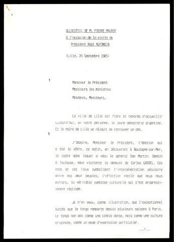 Visite de Raùl Alfonsin, président de la république Argentine. (Lille)