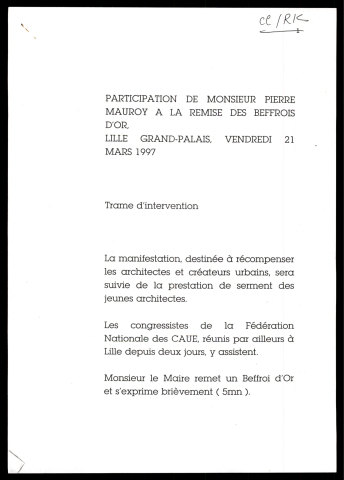 Participation de Pierre Mauroy à la remise des beffrois d'or.