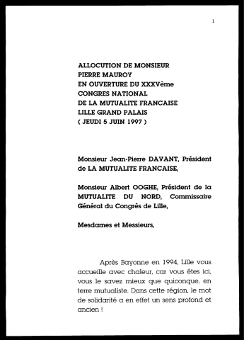 Ouverture du 35ème congrès national de la Mutualité Française. (Lille)