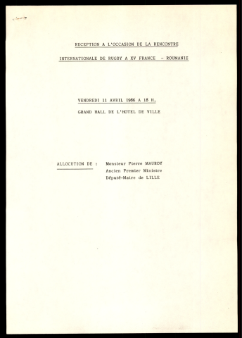 Réception à l'occasion de la rencontre internationale de rugby à XV France Roumanie. (Lille)