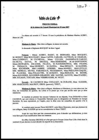 Conseil municipal du 25 juin 2007.