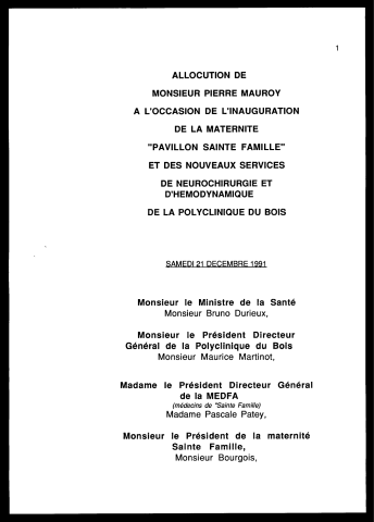 Inauguration de la Maternité Pavillon Sainte-Famille. (Lille)