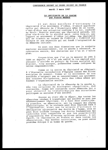 Conférence devant le Grand Orient sur La légitimité de la Gauche. (Lille)