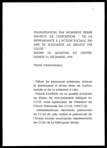 Bicentenaire du Centre communal d'action sociale (CCAS). - Inauguration de l'exposition "De la bienfaisance à l'action sociale, 200 ans de solidarité au service des Lillois" à la mairie de quartier de Lille-Centre.