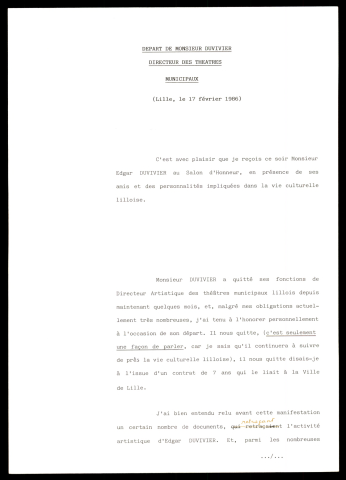 Départ en retraite de Monsieur Duvivier. (Lille)