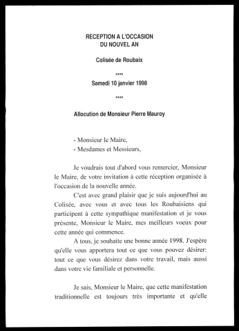 Réception à l'occasion du nouvel an. (Roubaix)