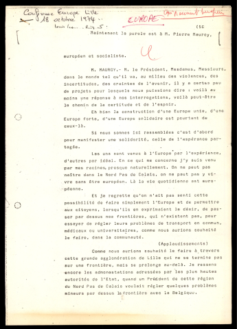 Conférence Europe Lille du 18 octobre 1974.